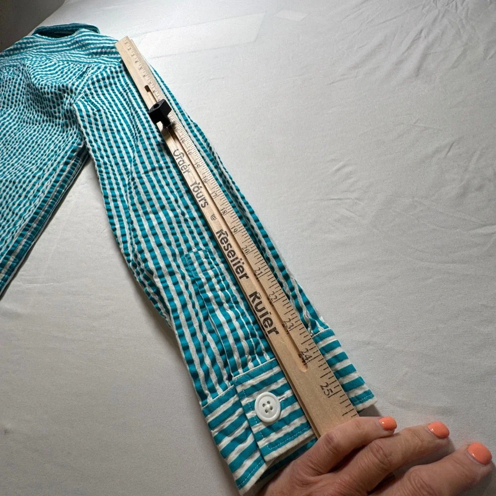 Bonobos Seersucker Chore Jacket Mens Medium Teal White Stripe Puckered Cotton